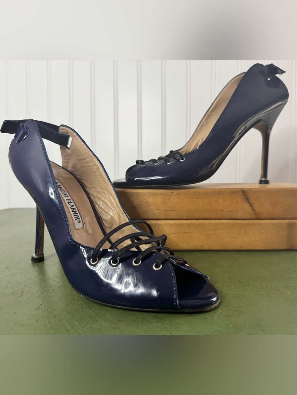 Manolo Blahnik Corset-Front Slingbacks in Navy Patent Leather *Italy*